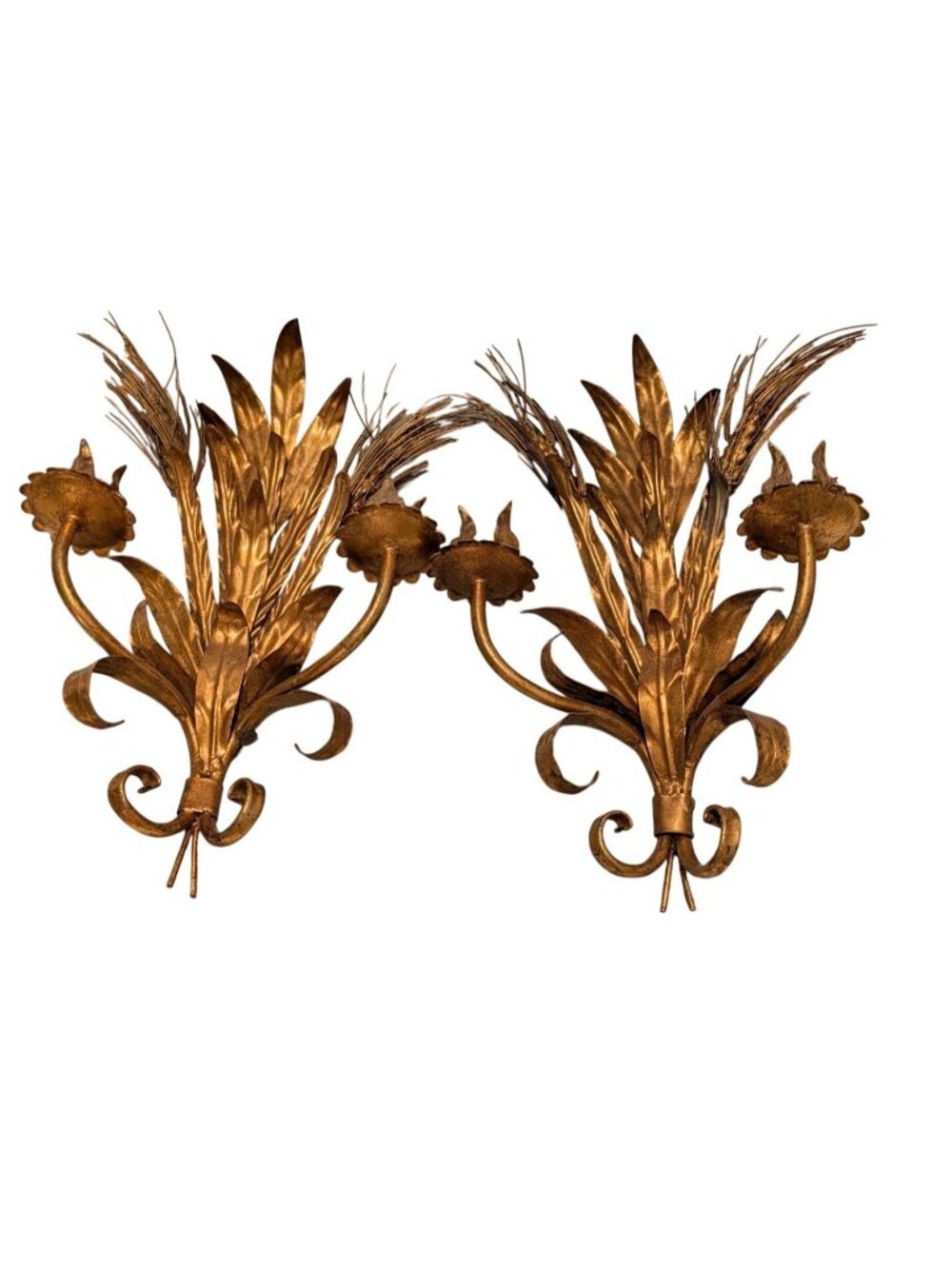 Pair of Vintage Italian Florentine Wheat Leaf Wall Sconces 17" MCM Gold Metal